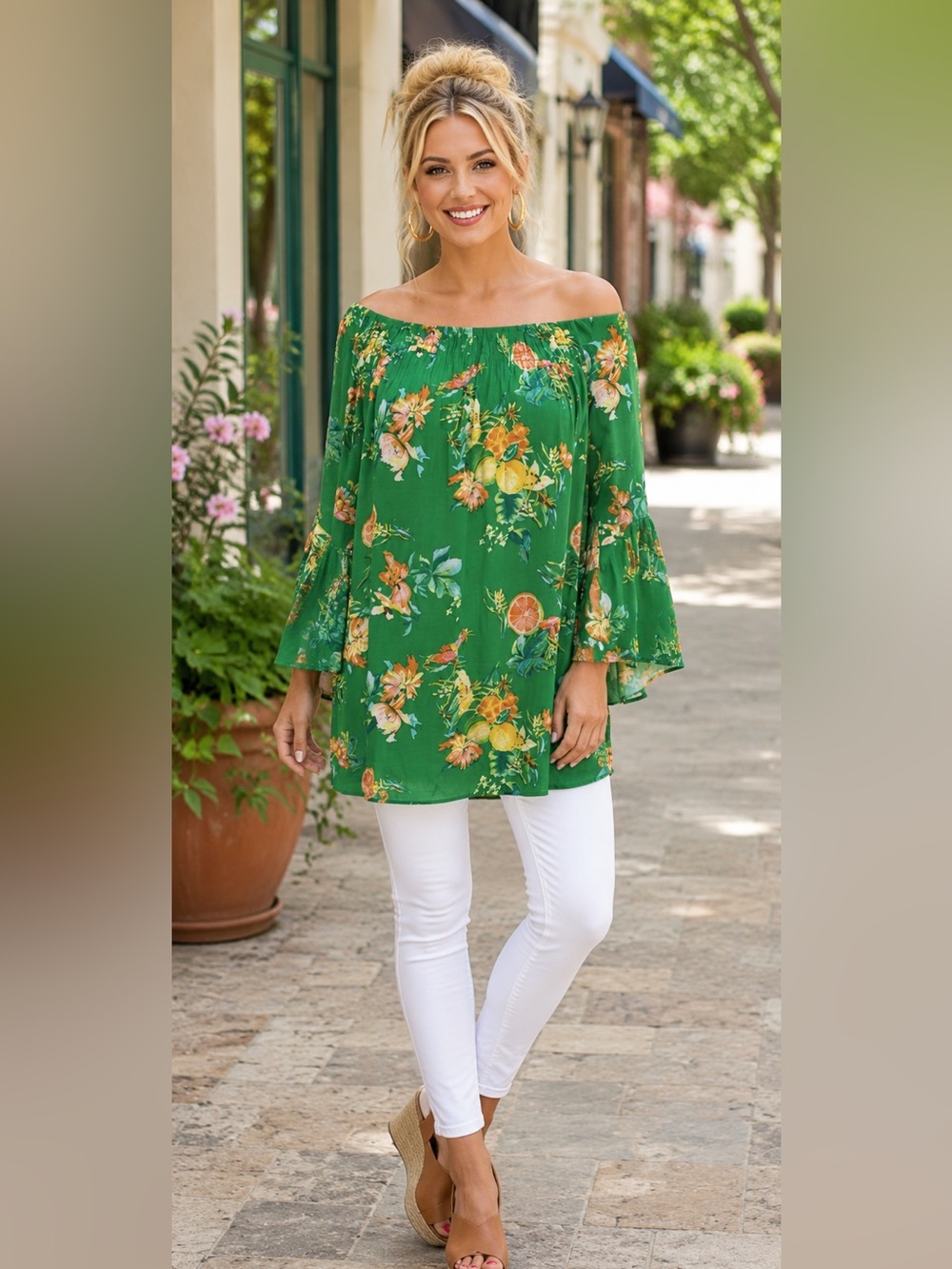 Cato Green Citrus Floral Off Shoulder Boho Tunic Top L